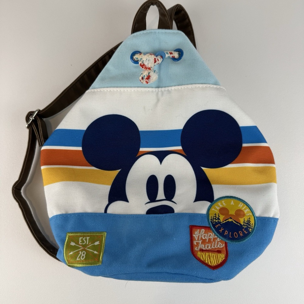 Disney Mickey Mouse Retro Stripe Canvas Bucket Backpack Blue Orange Adventure